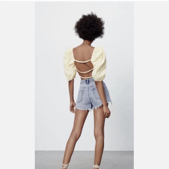 Zara Gingham Plaid Beaded Crop Top Open Back Puff Sleeves Yellow XL - Picture 2 of 8